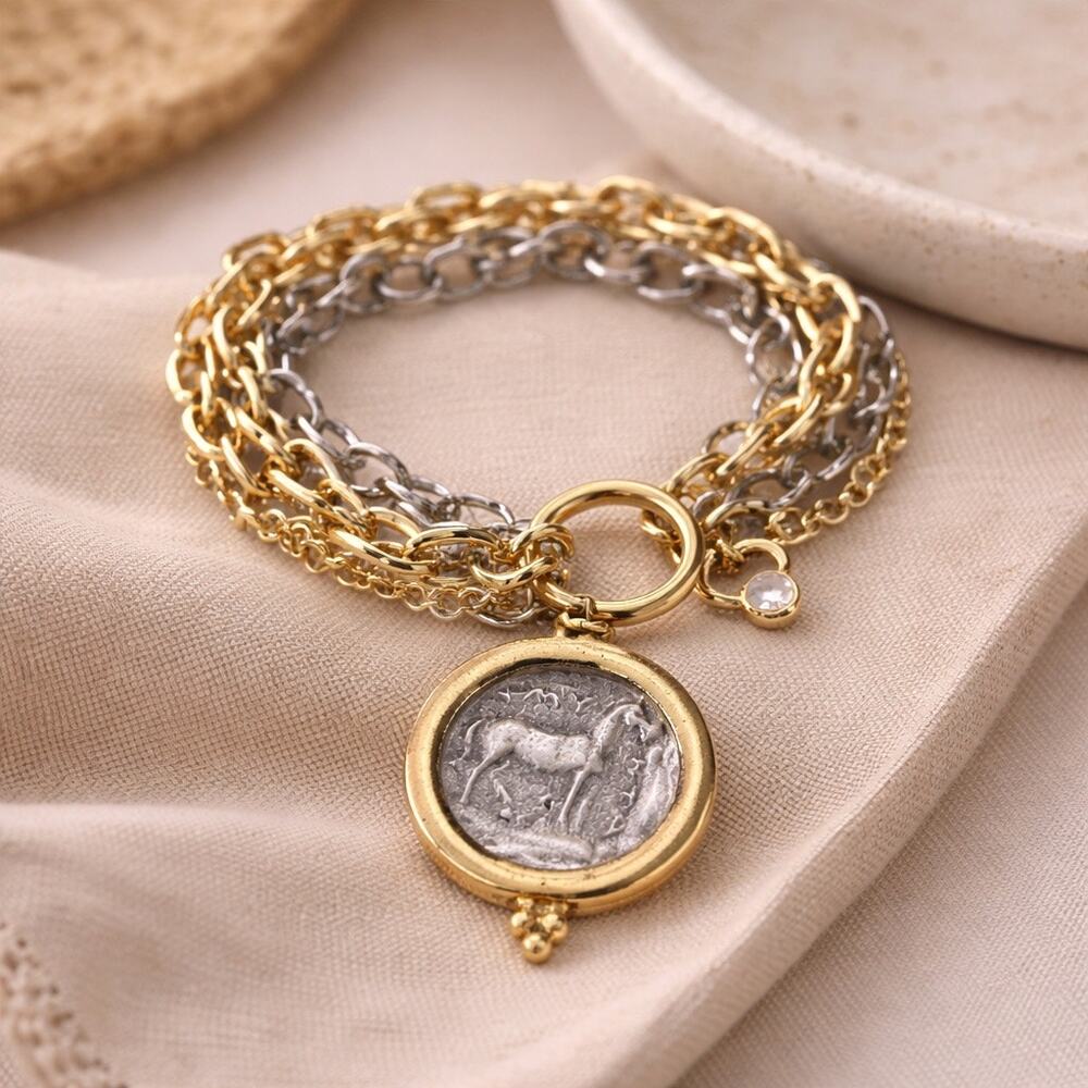 Triple Layer Greek Coin Bracelet, Horse Coin Charm, Mixed Metal Bracelet